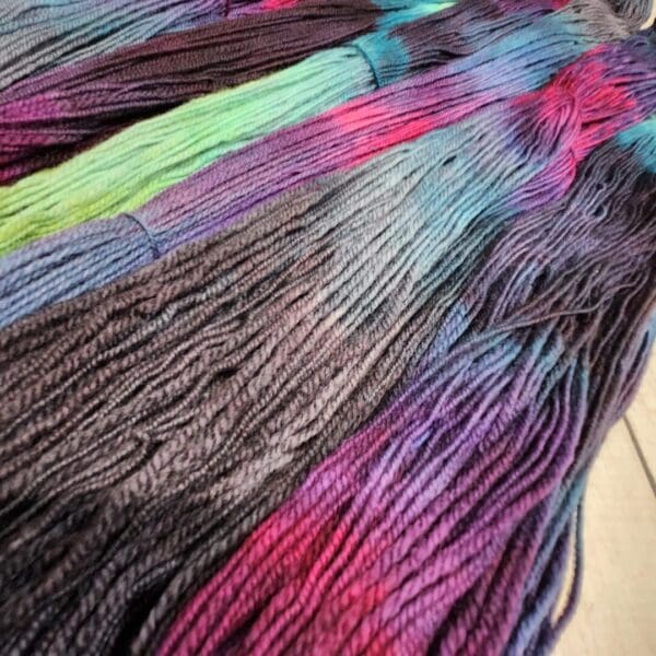 Skeins of colorful yarn on a table.