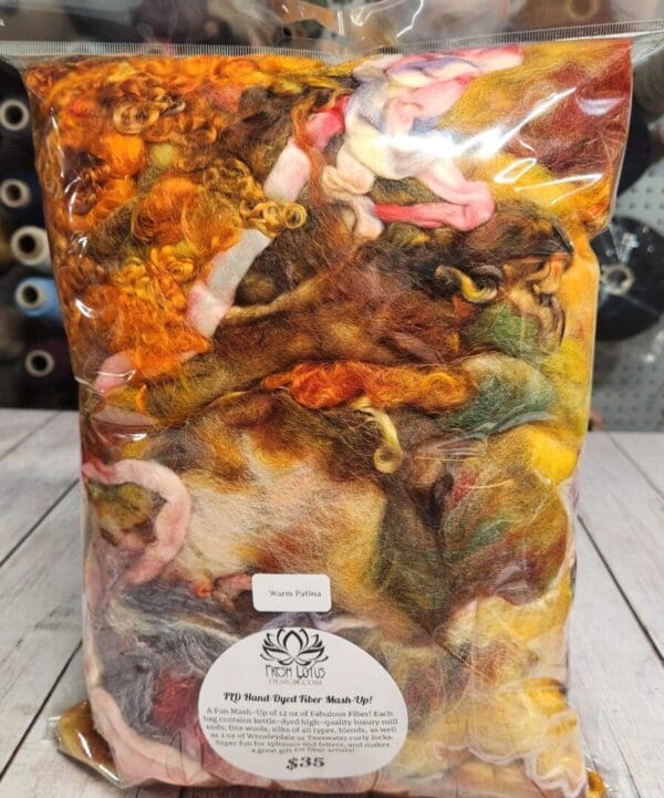 A bag of mixed fibers on top of a table.