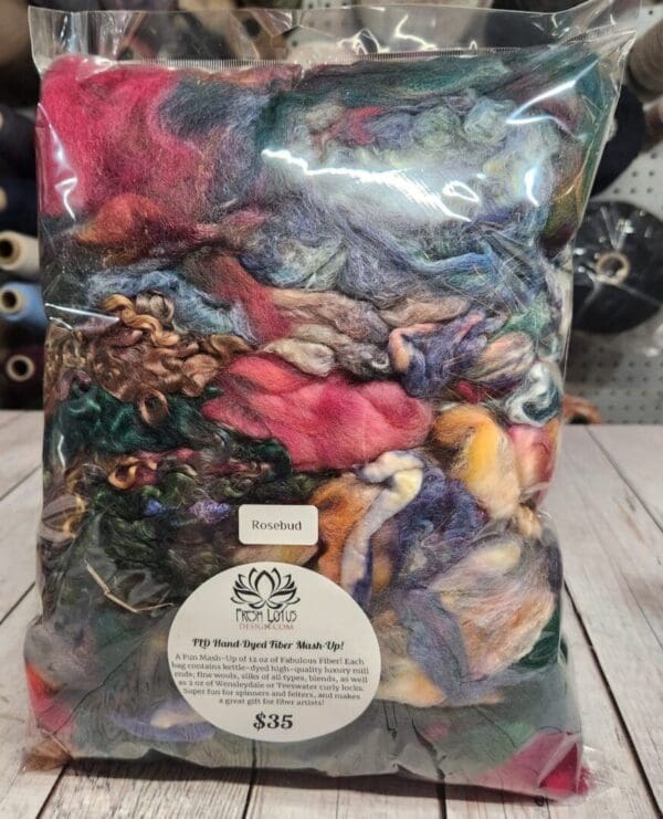 A bag of mixed fibers on a table.