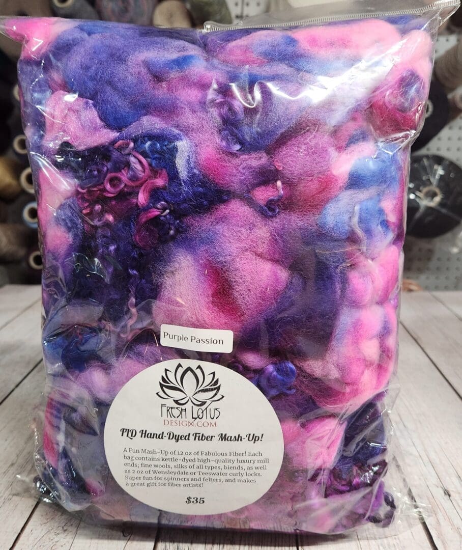 A bag of purple and blue felt.