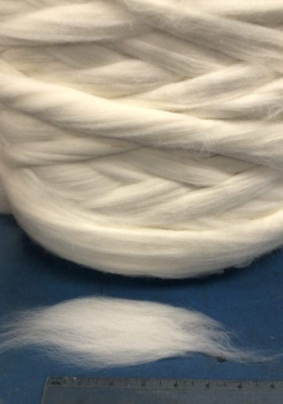 Targhee-Top-51-scaled Fresh Lotus Design's Fiber Facts presents a ball of white wool on a table.